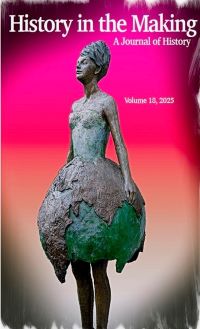 Bronze statue of a woman against a pink and orange background. The woman's skirt is patterned like a map of the world.