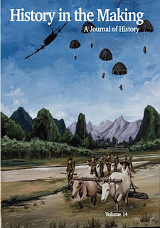 Painting of parachutes and soldiers in a landscape with oxen.